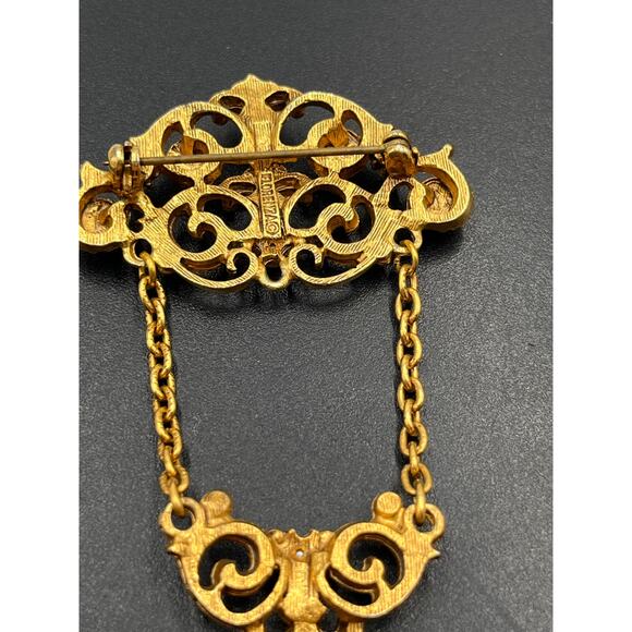 Florenza Signed Designer Mogul Gold Tone Faux Pearl Dangle Chain Brooch - Picture 5 of 8